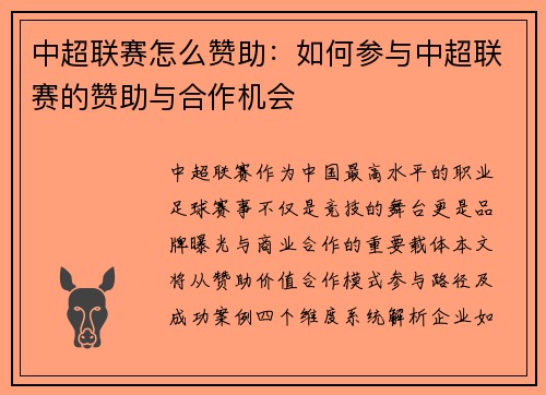 中超联赛怎么赞助：如何参与中超联赛的赞助与合作机会