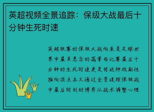 英超视频全景追踪：保级大战最后十分钟生死时速
